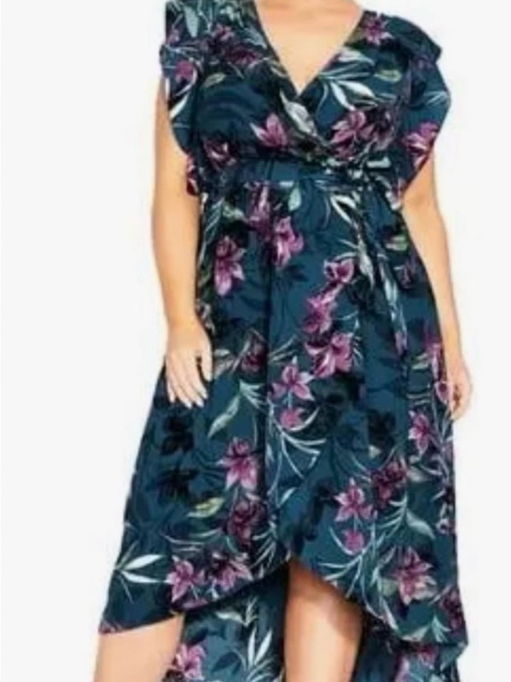 City Chic Teal Floral High-Low Wrap Dress with Pink Blooms - Picture 2 of 3